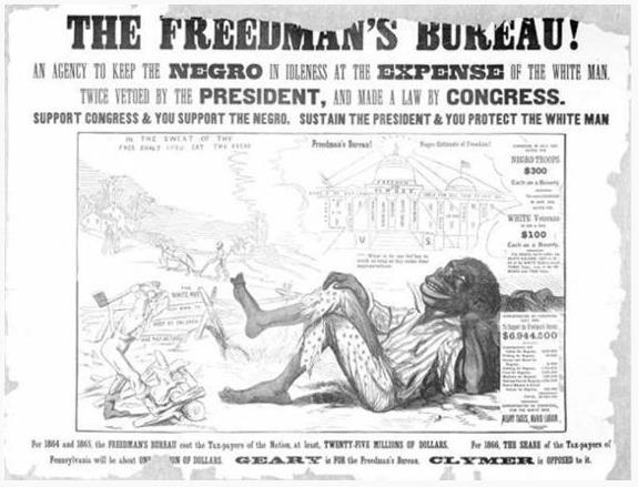 1866年选举时宾夕法尼亚州民主党人使用的一张宣传画，采用种族主义的图像来表达自己的观点，即政府对懒惰的前奴隶的帮助是以对剥夺勤奋工作的白人的利益为代价的。