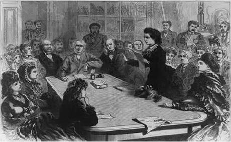 《妇女选举权代表团在众议院司法委员会发表演说》。1871年2月4日刊登在《弗兰克·莱斯勒插图新闻报》的版画。