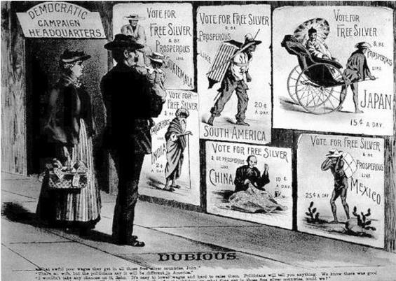 1896年竞选中共和党人的一幅名曰《不可靠的》漫画，指责布莱恩的党纲将会把美国的地位下降至使用银币的穷国的地步。