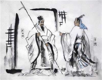 东方朔拿着长戟拦住董偃