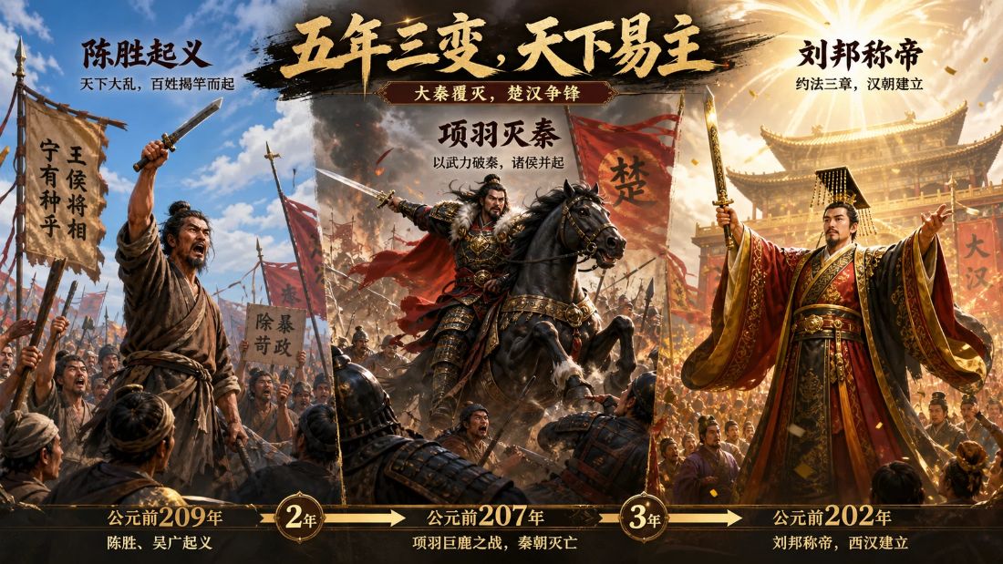 "五年三嬗"：陈胜发难、项羽灭秦、刘邦称帝，上古从未有过的神速鼎革